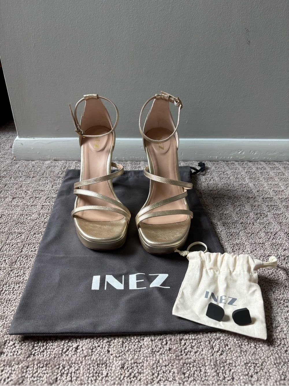 INEZ Gold Strappy Platform Ankle‑Strap Heels
